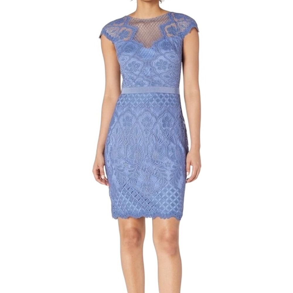 Tadashi Shoji Brogan Lace Cocktail Dress 8 Blue Sheath Illusion Neck New